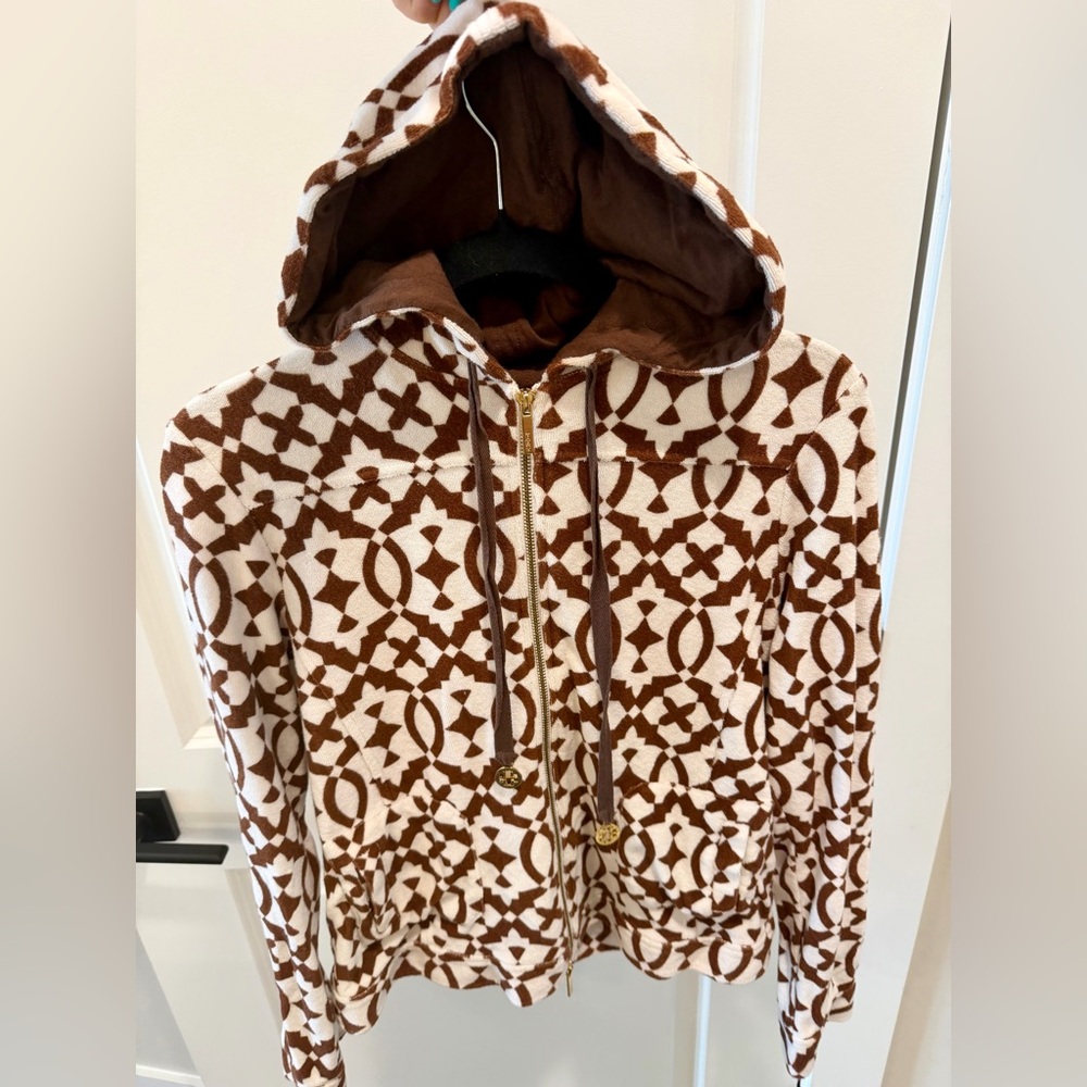 Tory Burch Terry Jacquard Logo Hoodie 100% Cotton size M Gold Hardware Zippered